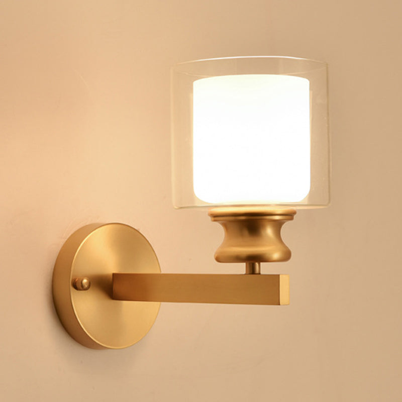 Modern 1 - Light Armed Wall Lighting Solid Brass and Cylinder Glass Shade Wall Sconce