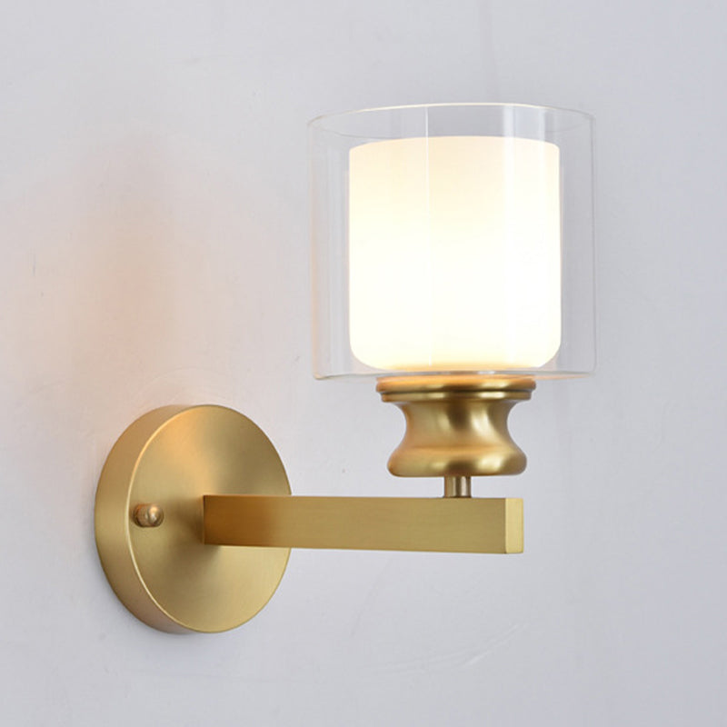 Modern 1 - Light Armed Wall Lighting Solid Brass and Cylinder Glass Shade Wall Sconce