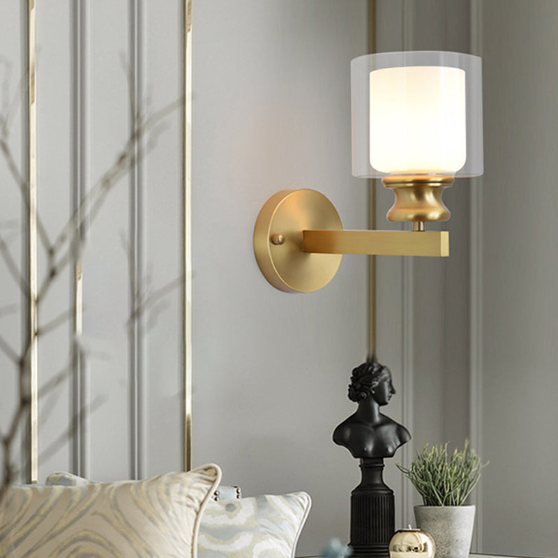 Modern 1 - Light Armed Wall Lighting Solid Brass and Cylinder Glass Shade Wall Sconce