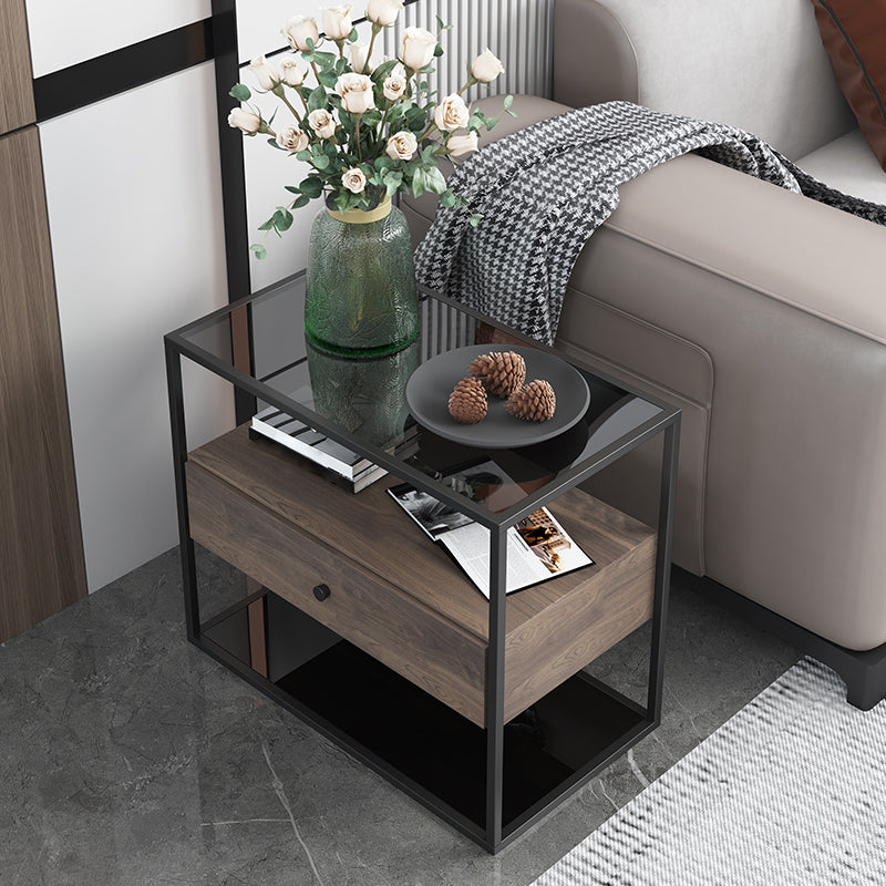 21.65" Tall Rectangular Glass Top Side Table Stainless Steel Frame End Table with Storage