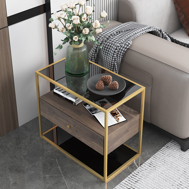 21.65" Tall Rectangular Glass Top Side Table Stainless Steel Frame End Table with Storage