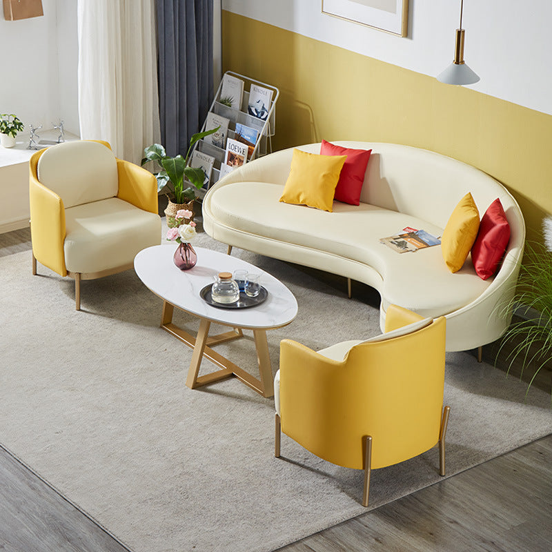 Contemporary Beige Curved Sofa in Genuine Leather with Tight Back