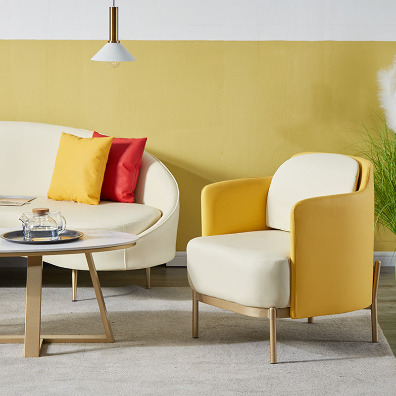 Contemporary Beige Curved Sofa in Genuine Leather with Tight Back