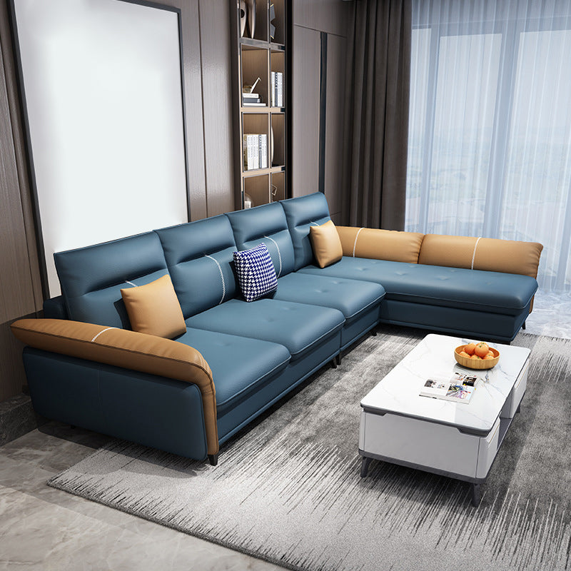 Blue 4-seater Faux Leather Tufted Pillow Top Arm Sectional Sofa