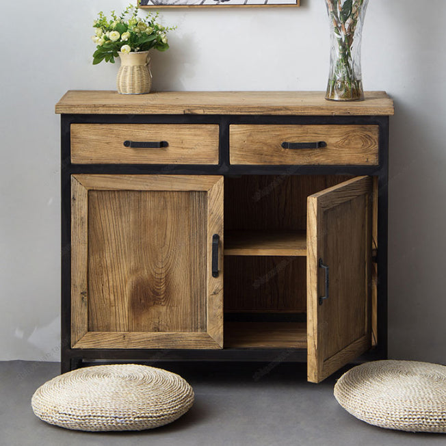 Industrial Distressed Wood Accent Cabinet with Drawers in Solid Wood