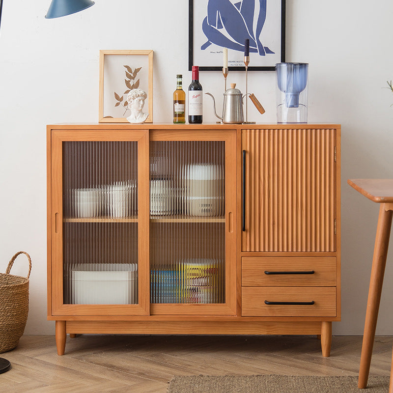 Mid-Century Modern Cabinet with Glass Doors Pine Wood Cabinet