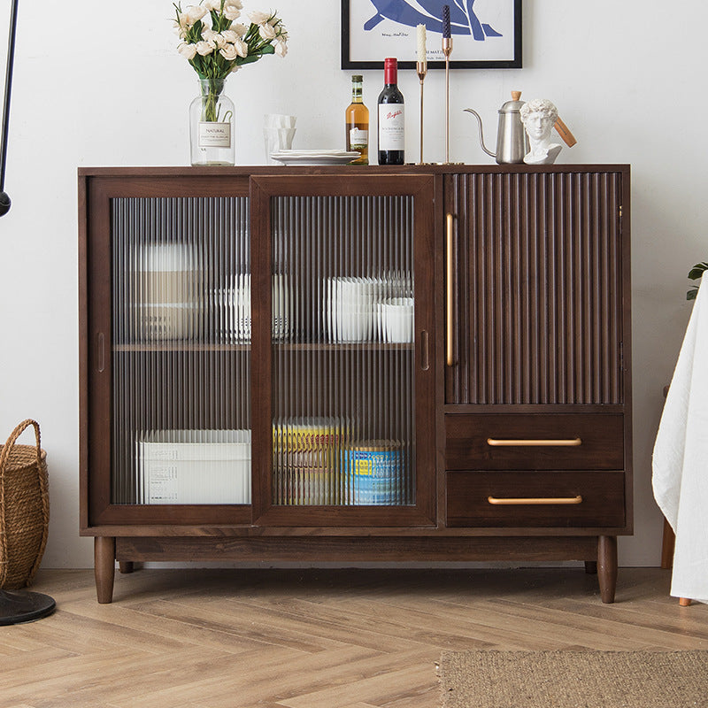 Mid-Century Modern Cabinet with Glass Doors Pine Wood Cabinet