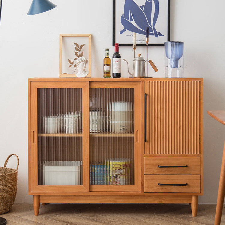 Mid-Century Modern Cabinet with Glass Doors Pine Wood Cabinet