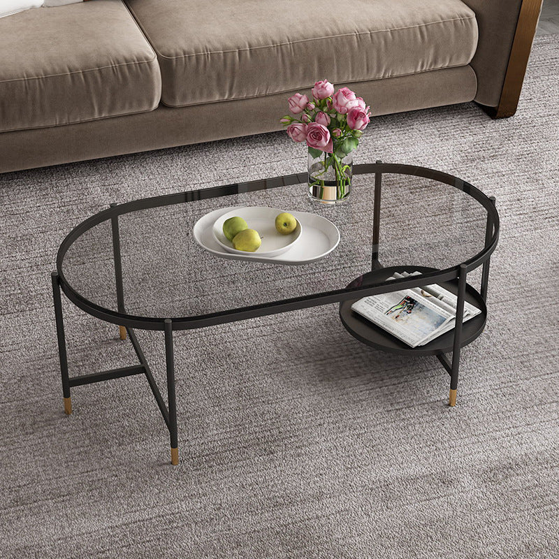Contemporary Elliptical Glass & Slate Coffee Cocktail Table with Storage Shelf