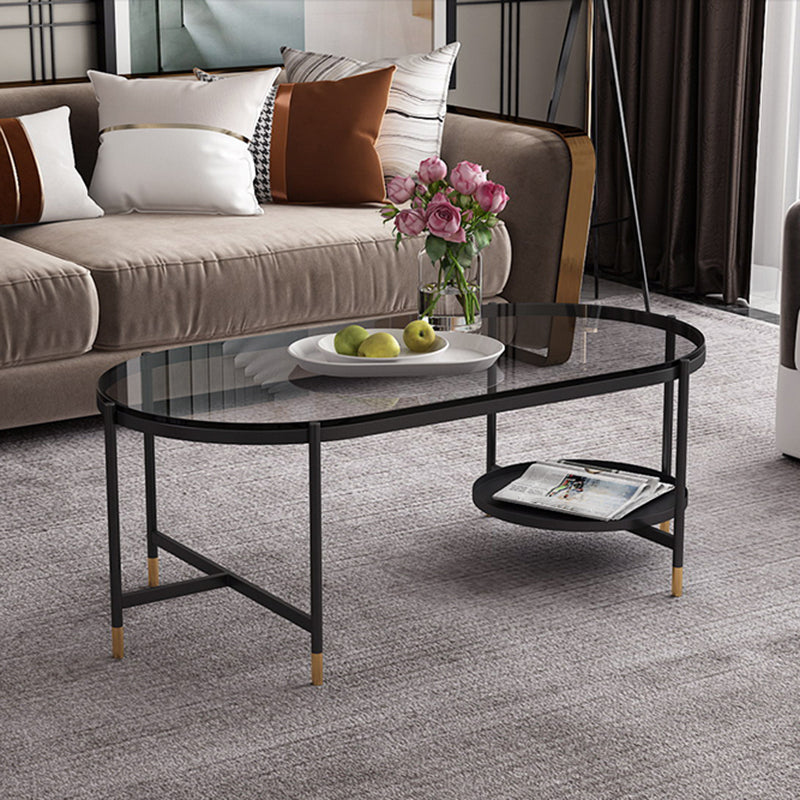 Contemporary Elliptical Glass & Slate Coffee Cocktail Table with Storage Shelf