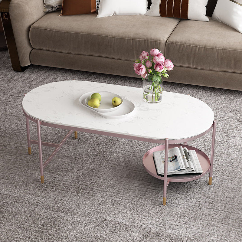 Contemporary Elliptical Glass & Slate Coffee Cocktail Table with Storage Shelf