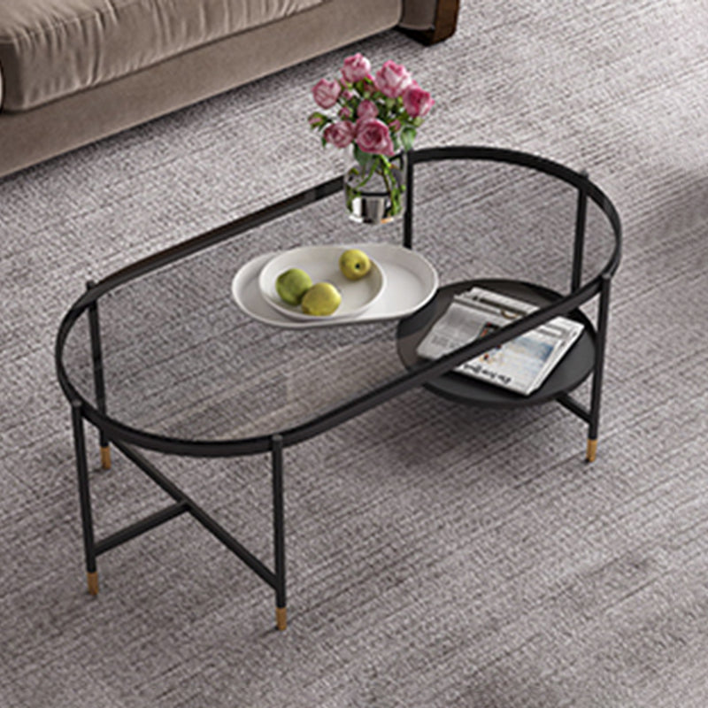 Contemporary Elliptical Glass & Slate Coffee Cocktail Table with Storage Shelf