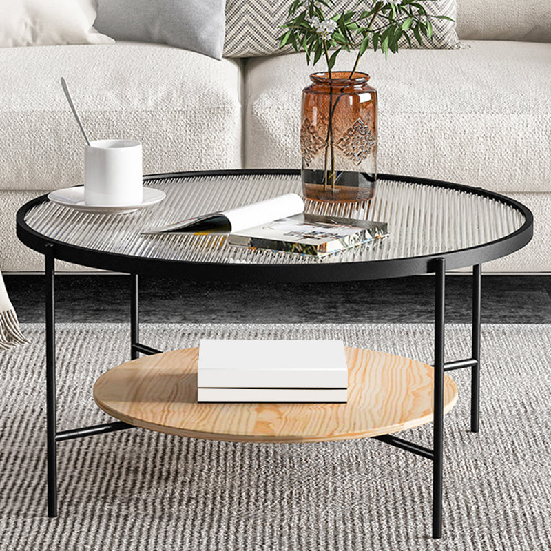 Contemporary 4 Legs Round Glass Top with Storage Shelf Single Coffee Table