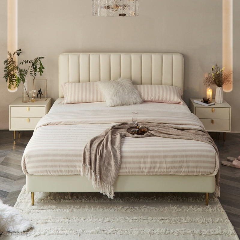 Glam Beige Bed Frame Upholstered Headboard Standard Bed Rectangular