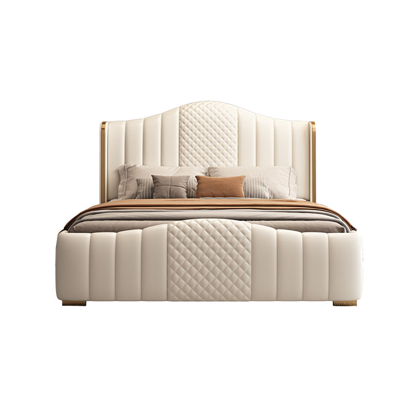 Glam Beige Standard Bed Camel Back Pine Wood and Metal    Panel Bed