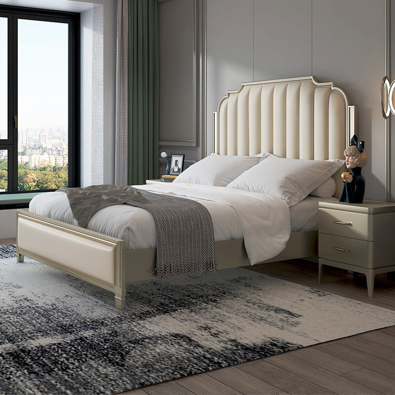 Stepped Glam Bed Frame Beech Standard Bed with Nail Head Trim