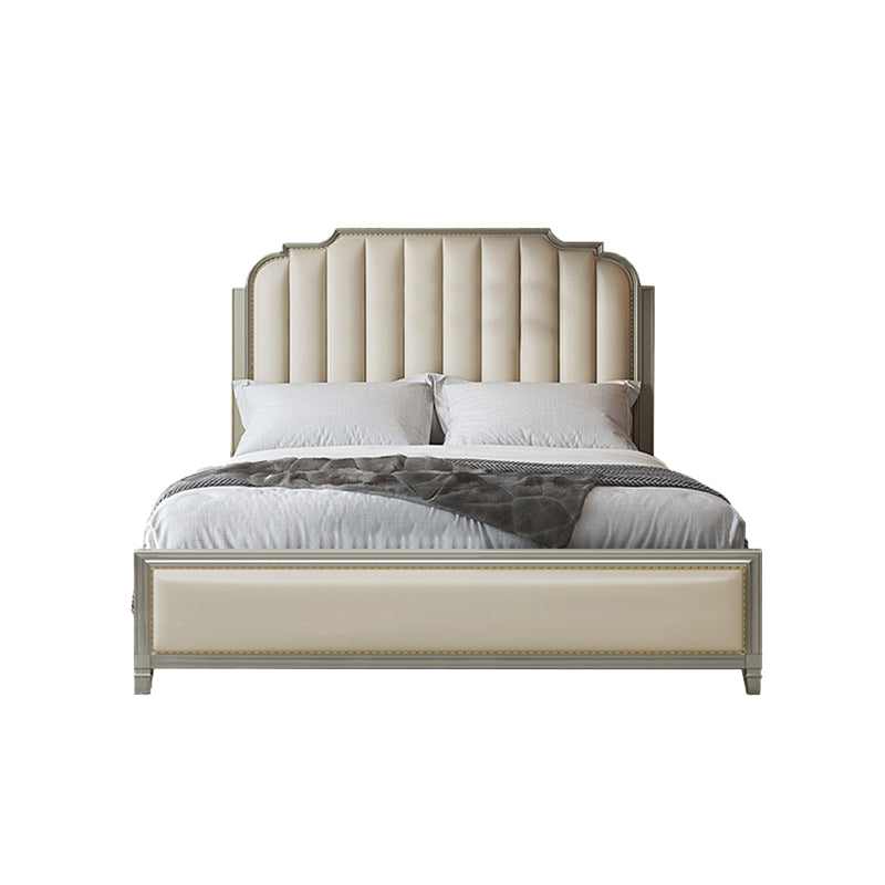 Stepped Glam Bed Frame Beech Standard Bed with Nail Head Trim