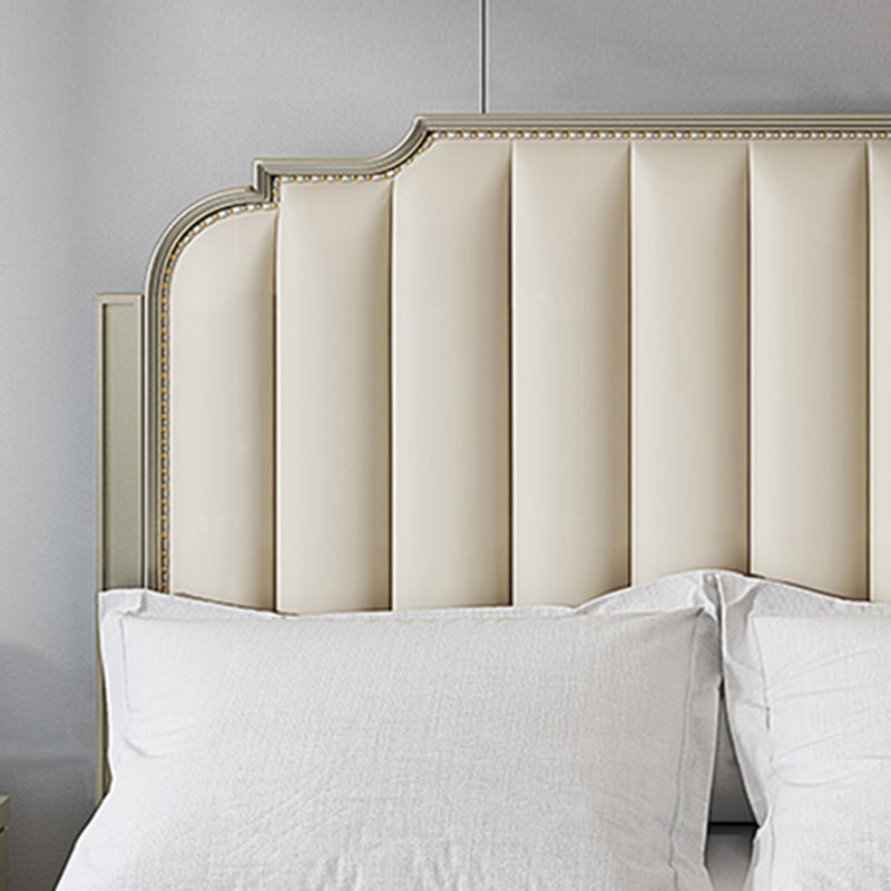 Stepped Glam Bed Frame Beech Standard Bed with Nail Head Trim