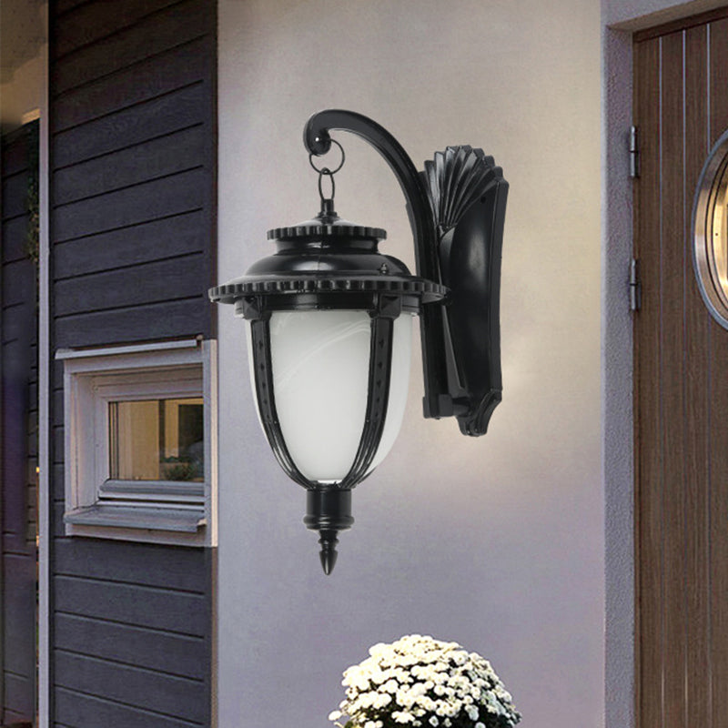 1 Bulb Urn Shape Sconce Lighting Country Black/Bronze White Glass Weather-Resistant Wall Lamp Fixture