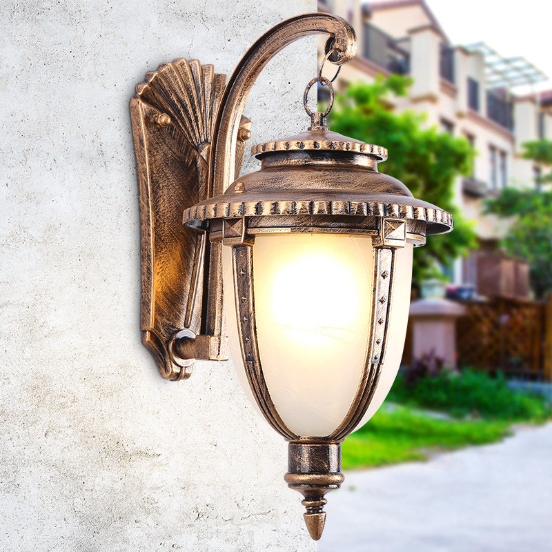 1 Bulb Urn Shape Sconce Lighting Country Black/Bronze White Glass Weather-Resistant Wall Lamp Fixture