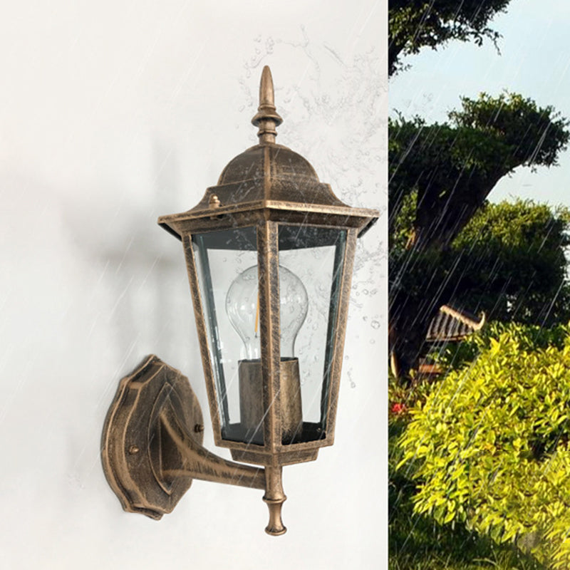 1-Light Wall Sconce Lighting Countryside Hexagon Clear Glass Wall Lamp Fixture in Antique Brass