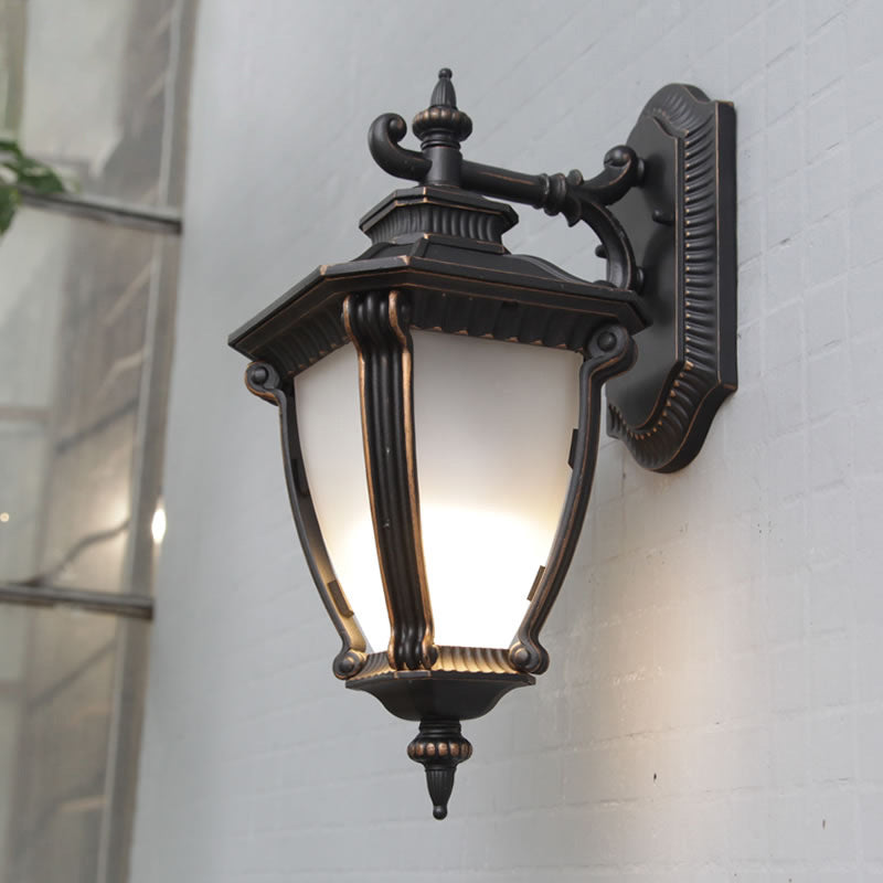 1-Light Sconce Lighting Country Outdoor Wall Lamp with Urn Tanslucent Glass Shade in Black