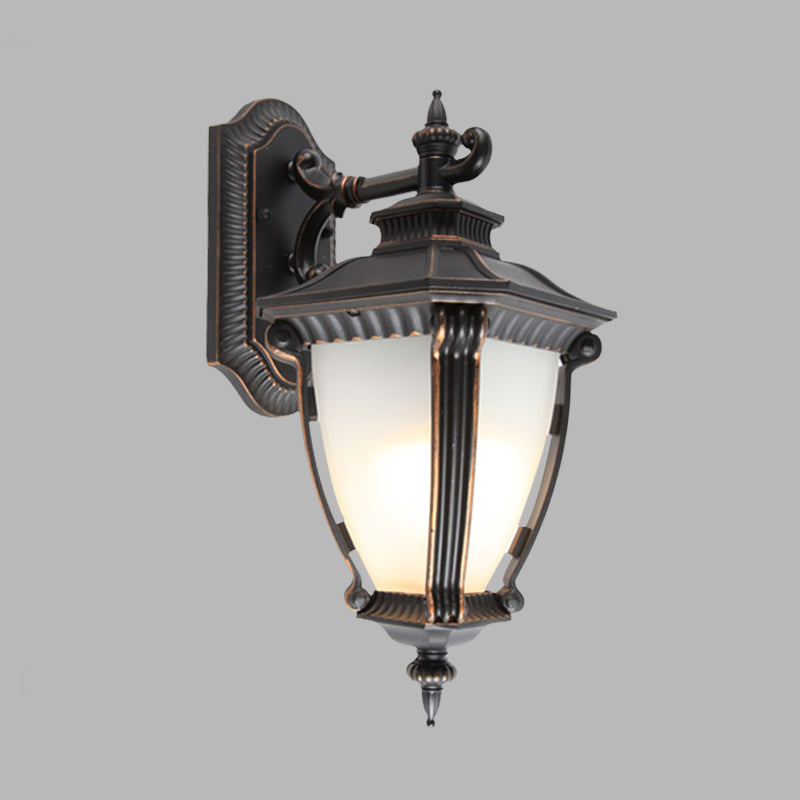 1-Light Sconce Lighting Country Outdoor Wall Lampe With Urn Tanslucent Glass Shade in Black