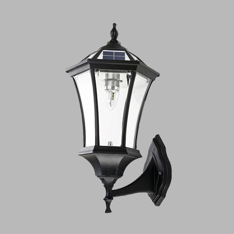Zeshoekige gang muurverlichting boerderij helder glas 1 lamp zwarte zonne -energie wandlamp