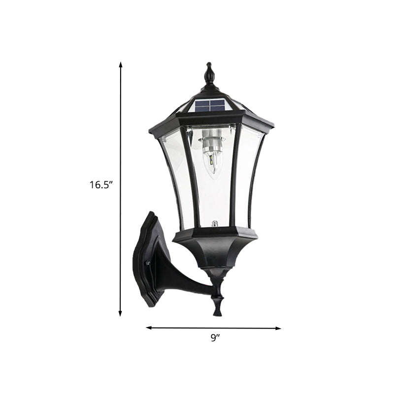 Zeshoekige gang muurverlichting boerderij helder glas 1 lamp zwarte zonne -energie wandlamp
