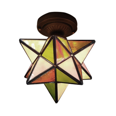 1 Head Star/Polygon Shaped Flush Ceiling Light Tiffany Colorful Glass Flush Mount Light for Corridor