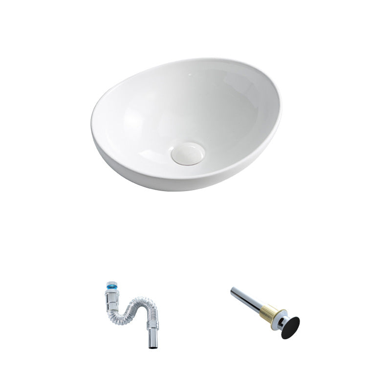 Contemporary Bathroom Sink Pop-Up Drain Porcelain Oval-Shape Vessel Lavatory Sink