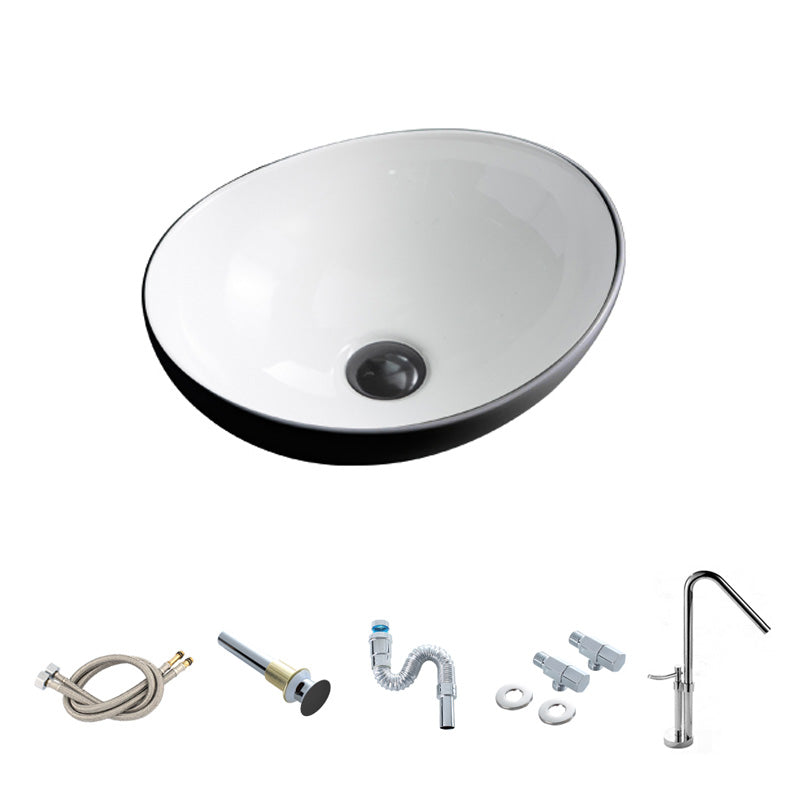 Contemporary Bathroom Sink Pop-Up Drain Porcelain Oval-Shape Vessel Lavatory Sink