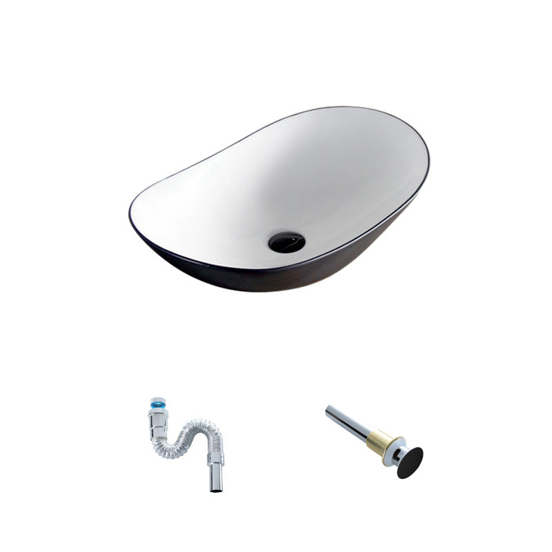 Contemporary Bathroom Sink Pop-Up Drain Porcelain Oval-Shape Vessel Lavatory Sink