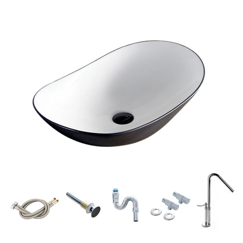 Contemporary Bathroom Sink Pop-Up Drain Porcelain Oval-Shape Vessel Lavatory Sink