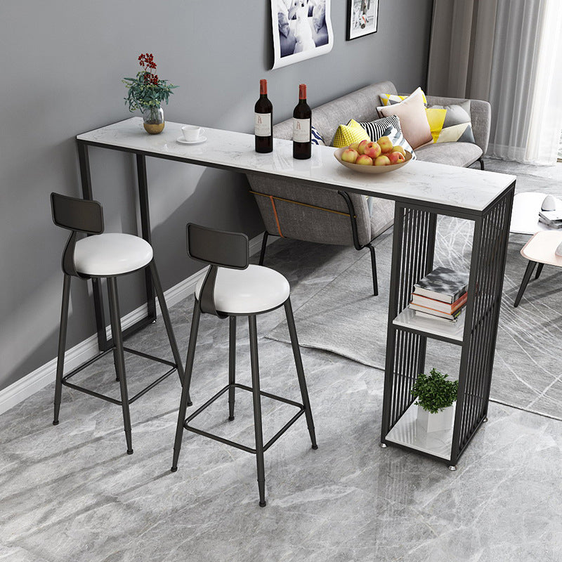 Modern Rectangle Stone Bar Table Metal Base Dining Table with Storage Shelves