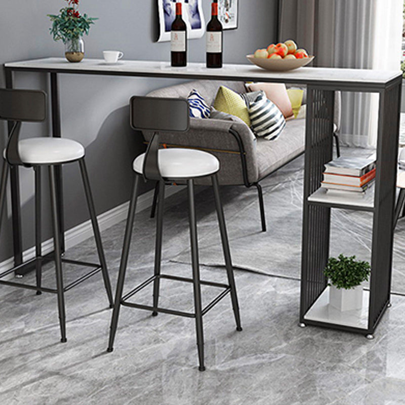 Modern Rectangle Stone Bar Table Metal Base Dining Table with Storage Shelves