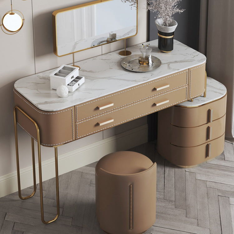 Mirrored Makeup Dressing Table Luxurious Stone Top Stool Set in Brown