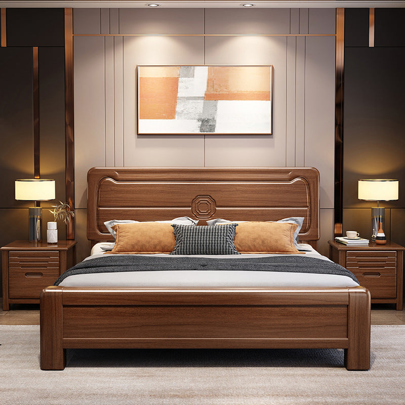 Mid-Century Modern Panel Bed Solid Wood Standard Bed with Headboard