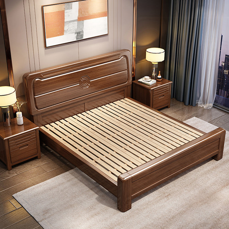 Mid-Century Modern Panel Bed Solid Wood Standard Bed with Headboard