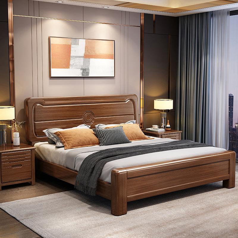 Mid-Century Modern Panel Bed Solid Wood Standard Bed with Headboard