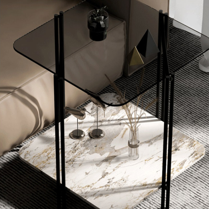 Modernistic Glass Top Square End Table 23.7" Tall Side Table with Shelf