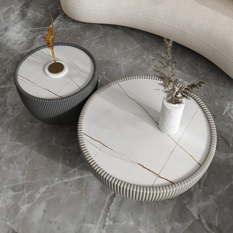 Round Slate Pedestal Coffee Table 2 Pieces Bunching Cocktail Tables
