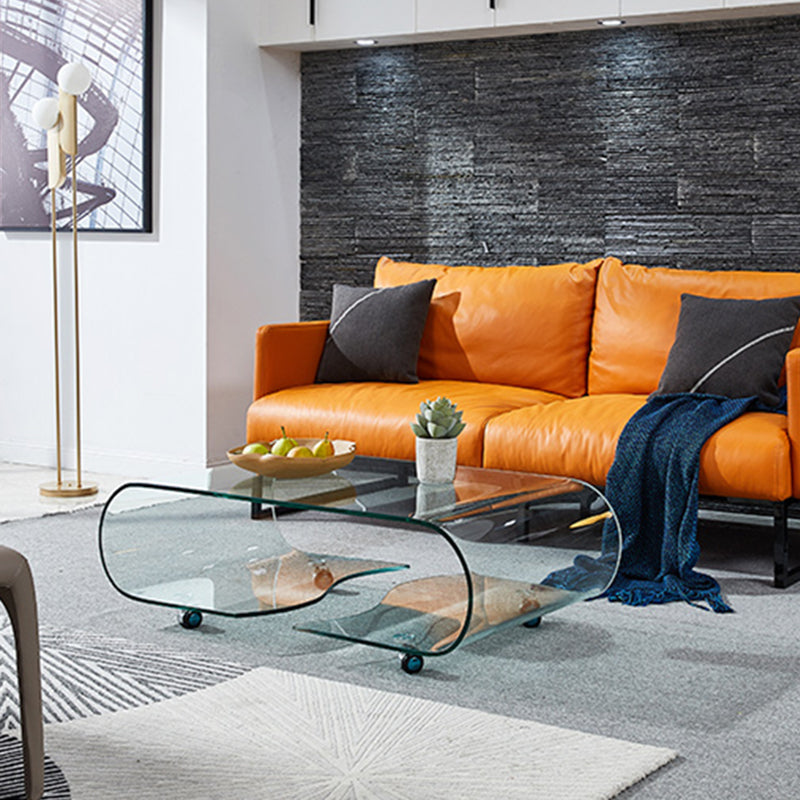 Geometric Glass Coffee Table with Casters Contemporary Shelf Included Cocktail Table
