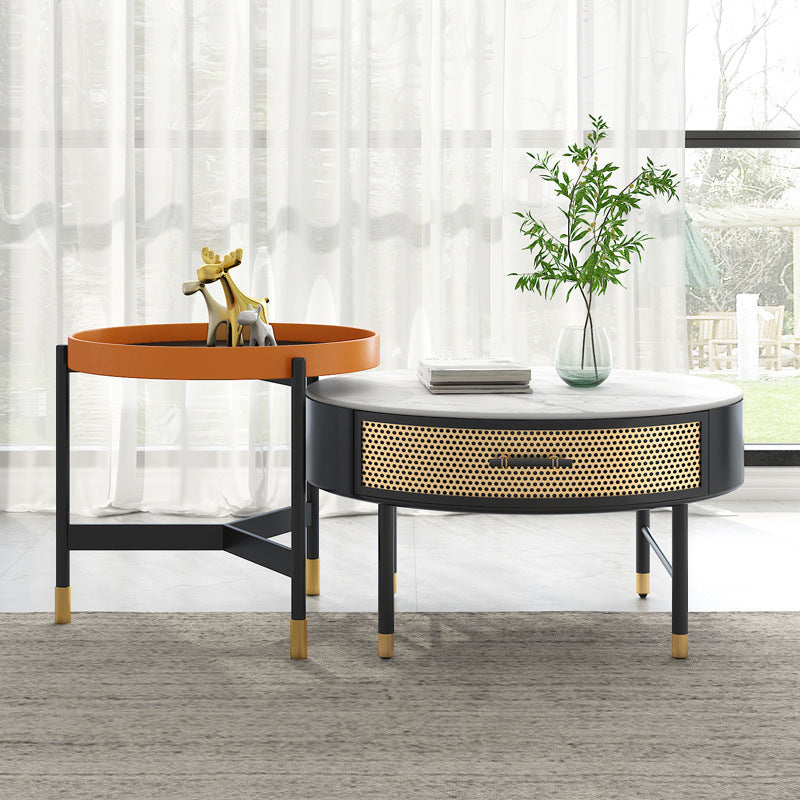 Luxurious Slate Round Top Coffee Table Set with Storage Drawer