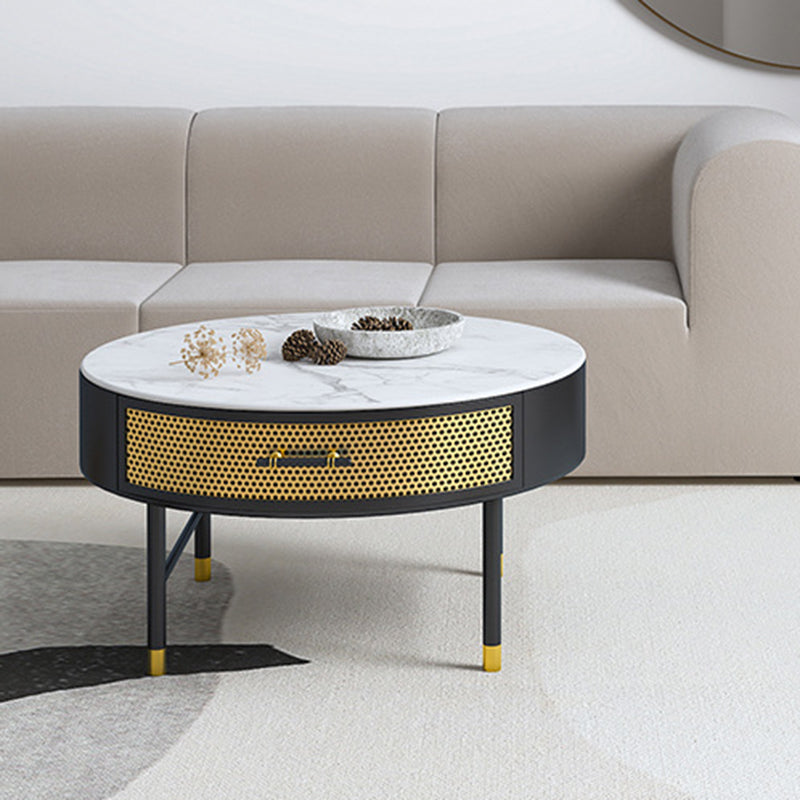 Luxurious Slate Round Top Coffee Table Set with Storage Drawer