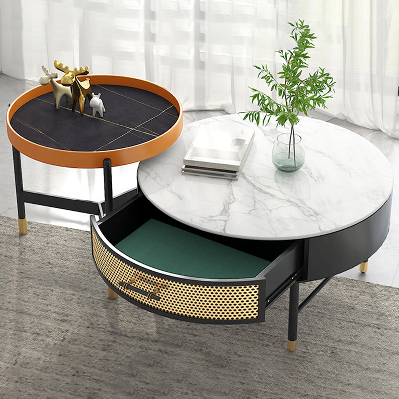 Luxurious Slate Round Top Coffee Table Set with Storage Drawer