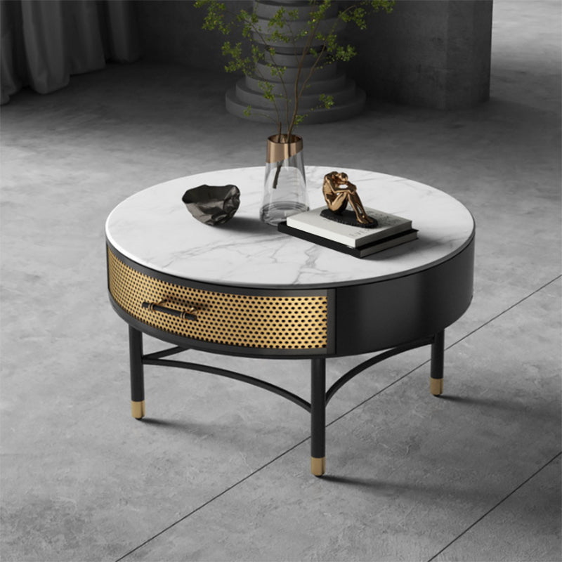 Luxurious Slate Round Top Coffee Table Set with Storage Drawer