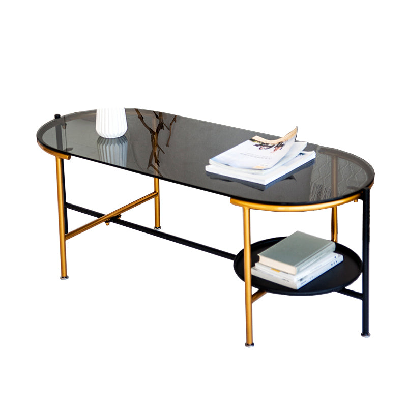 Modernism Elliptical Glass Top Coffee Cocktail Table with Shelf