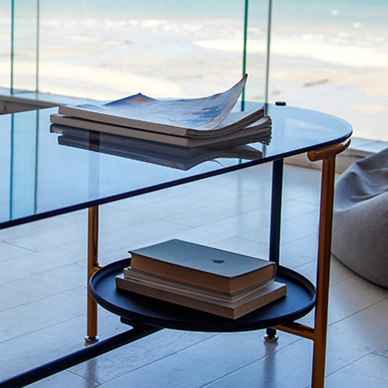 Modernism Elliptical Glass Top Coffee Cocktail Table with Shelf