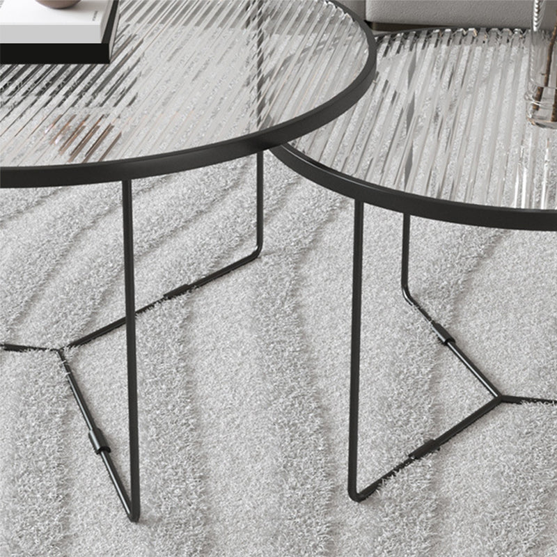 Contemporary Round Glass Top Metal Cross Legs Nesting Coffee Table